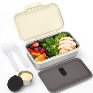JSLOVE Stainless Steel Lunch Bento Box for Adult, 30oz Leak-Proof Lunch Container, Stainless Metal Kid Bento Box with Adjustable Divider, Sauce Container, Microwave, Dishwasher & Freezer Safe(Beige)
