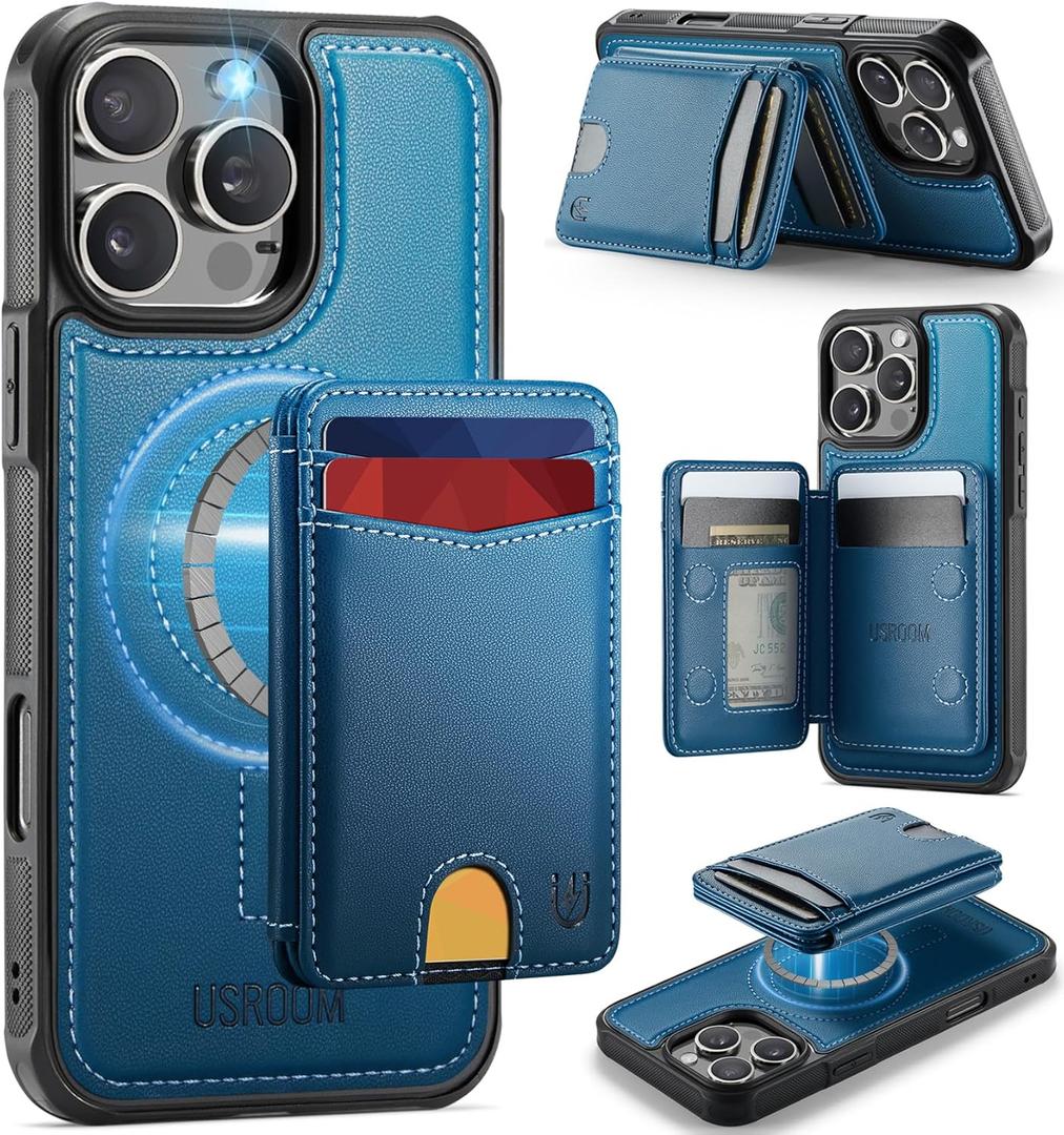 for iPhone 16 Pro Max Wallet Case Compatible with Magsafe, Magnetic RFID Blocking Card Holder Kickstand 2 in 1 Detachable Case for iPhone 16 Pro Max 6.9", Blue