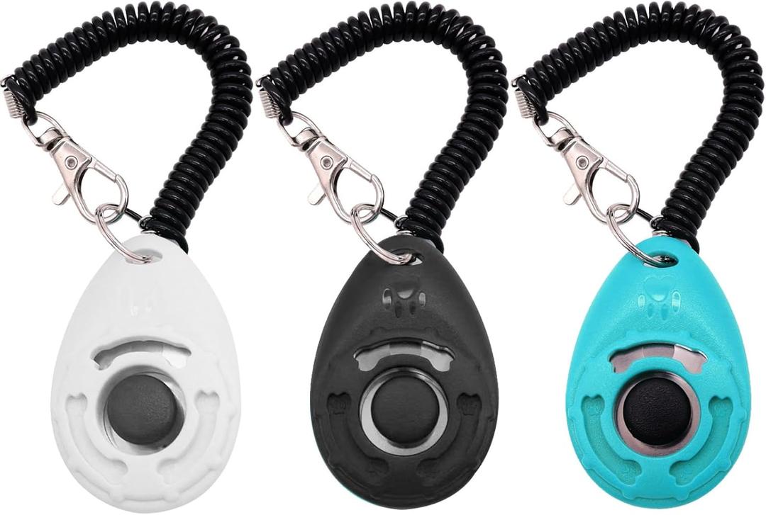 Dog Training Clicker with Wrist Strap Durable Lightweight Easy to Use,Pet Training Clicker for Cats Puppy Birds Horses,Perfect for Behavioral Training 3-Pack (Black,White and Water Lake Blue) (3) (Multicolored)