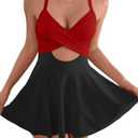B2prity Women Cutout One Piece Skirt Swimsuit V Neck Wrap Tie Back Swimdress Tummy Control Bathing Suits XL