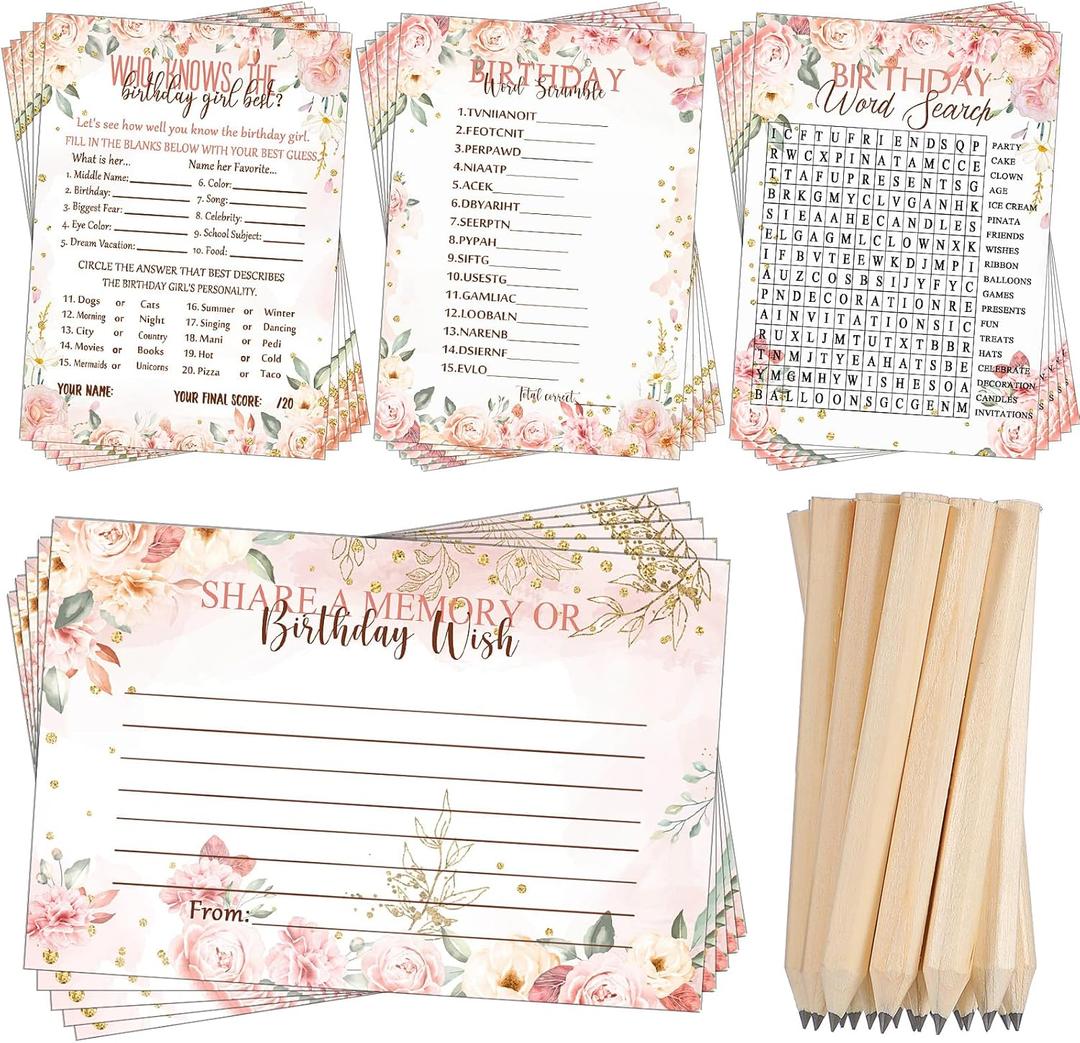 Fumete Birthday Party Games & Activities 100 Pcs Who Knows The Girl Game with 20 Pencils Girly Birthday Cards Set for Teens Sweet Sleepover Party Supplies for Girls,4 Activities(Rose)