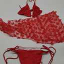 Blooming Jelly Womens 3 Piece Swimsuits Triangle Halter Thong Bikini Set Butterfly Bathing Suits Sarongs size L, Red
