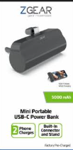 Zgear Mini Portable USB-C Power Bank 2 Phone Charges 5000 mAh