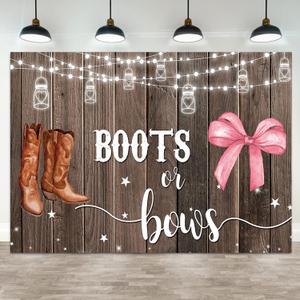 5x3ft Gender Reveal Backdrop Boots or Bows Photography Background Glitter Dot Star Rustic Wood Board Cartoon Baby Shower Banner Decorations Newborn Boy Girl Birthday Party Photo Booth Prop