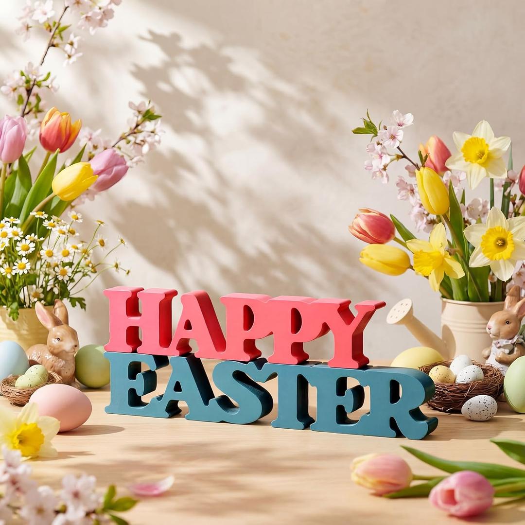 Yalikop Pastel Easter Table Decorations Happy Easter Sign for Home Wooden Sign Blocks Indoor Home Decorative Signage for Tables Office Wall Shelf Desk Shelf Mantel Farmhouse