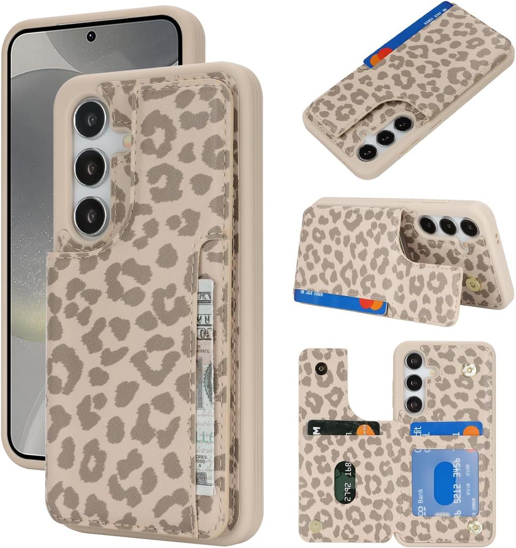 iCoverCase Compatible with Samsung Galaxy S24 Case with Card Holder, S24 Wallet Case for Women Men [RFID Blocking] PU Leather Protective Phone Case for S24 5G (Beige Leopard)