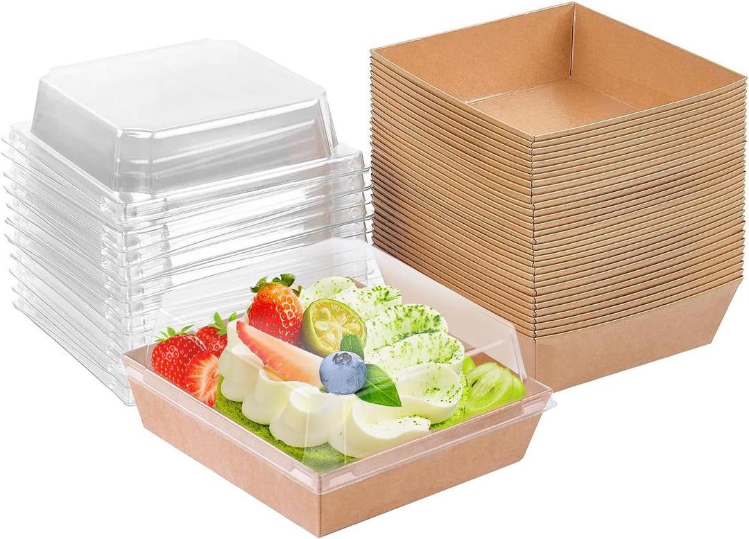 50 Pack Small Paper Charcuterie Boxes with Clear Lids, Dessert Boxes Square Disposable Paper Bakery Boxes to Go Food Containers for Desserts, Sandwich, Cookie, Sushi, Cake Slice and Strawberries (5.3"*4.9" *2.5"/50pcs, Brown)