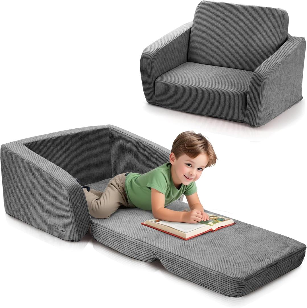 ZICOTO Comfy Kids Chair for Toddler - Stylish 2 in 1 Lounger Made of Memory Foam Easily Unfolds Into a Soft Baby Couch to Nap On - Modern Fold Out Sofa for the Little Ones (Grey)