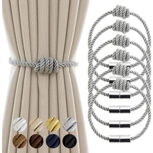 Magnetic Curtain Tiebacks - Decorative Tie Backs for Drapes, 6 Pack Rope Holders, Grey