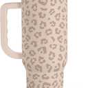 SANDJEST Leopard Tumbler with Handle, Insulated Cup Stainless Steel Travel Mug Cup, Gifts for Women Girl on Birthday Christmas, Tan Leopard, 40oz