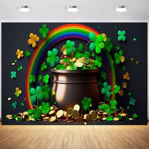 10x8ft St Patricks Day Backdrop Pot of Gold Coins Green Lucky Irish Shamrock Rainbow Photography Background Spring Holiday Party Banner Decoration Supplies Photo Booth Props