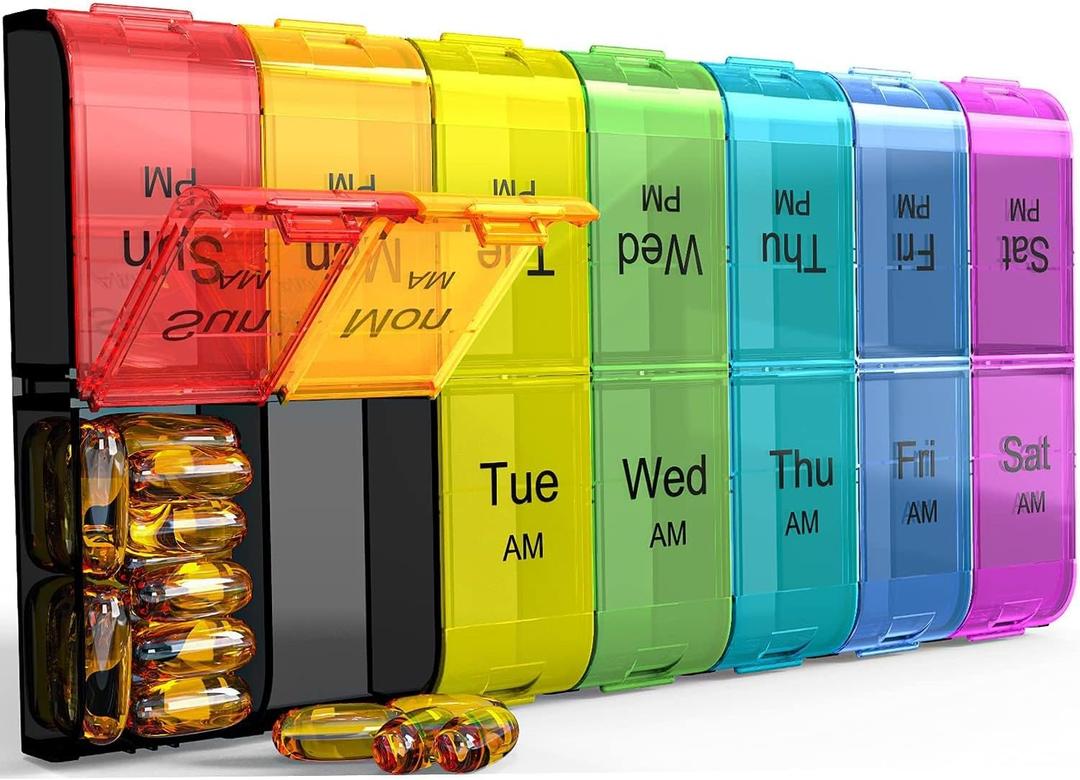 Extra Large Pill Organizer 2 Times a Day, Weekly XL AM PM Pill Case, 7 Day Pill Box Twice a Day, Oversized Daily Medicine Organizer for Vitamins, Big Pill Container, Medication Dispenser (Rainbow)