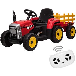 Kids Battery Powered Electric Tractor with Parent Remote Control & Trailer, Toddler 12V Ride On Toy with Dual Motors /2+1 Gear Shift/ 7-LED Lights/USB & Music Player,Red,35W/ EVA Tire
