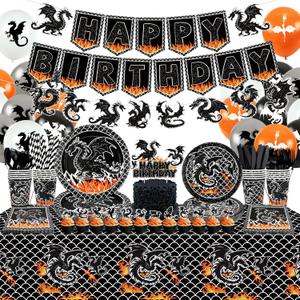 Dragon Birthday Party Decoration ,Including Happy Birthday Party Banner, Dinner Plates, Dessert Plates, Cups, Napkins, Tablecloth, Balloons, Straws, for Dragon Theme Party Supplies 20 Guest (A)