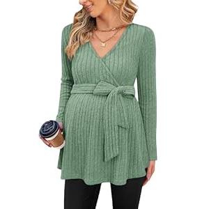 Womens Maternity Shirts Long Sleeve Pregnancy Tops V Neck Ribbed Knit Tie Front Wrap Breastfeeding Shirts Light Green XL
