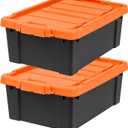 IRIS USA 12 Gallon Lockable Storage Bins with Lids, 2 Pack - Made in USA, Heavy Duty, Stackable Containers, Garage Organizing Bins Moving Tubs, Rugged Sturdy Equipment Utility Box - Black/Orange