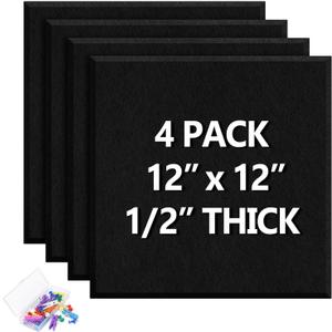 4 Pack Cork Board Tiles 12x12 Inches, 1/2" Thick Felt Cork Squares with 30 Push Pins, Bulletin Board Pin Board, Adhesive Cork Board for for Wall for Home, Office, and Kitchen (Black)