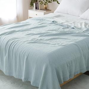 Cotton Muslin Blanket Queen Size for Bed Couch, Lightweight Breathable Large Muslin Bed Blankets for Adults, Cotton Gauze Blanket Queen Muslin Blankets for All Season, Blue, 90x90 Inches