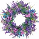 18Inch Purple Lavender Wreath for Front Door,Artificial Blue Purple Berries Paired with Pink Butterflies,Used for Window, Wall, Porch, and Other Indoor and Outdoor Home Decorations (Lavende01)
