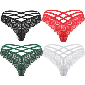Avidlove Womens Underwear Lace Cheeky Panties Criss Cross Back Bikini Thongs Sexy Undies (Small, Black/Red/White/Dark Green)