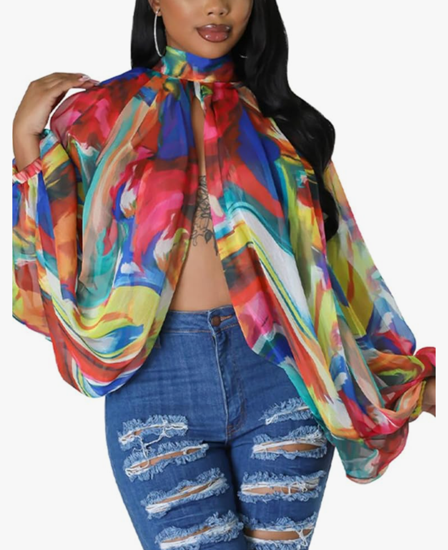 Sexy Tops for Women Party Club Night Batwing Sleeve Chiffon Sheer Self Tie Back Front Open Women Shirts Casual Summer XXL