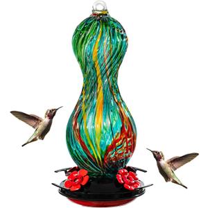 Hummingbird Feeder for Outdoors Hanging, Hand Blown Glass 24 OZ Capacity Hummingbird Bird Nectar Feeders with 4 Feeding Ports, Gifts for Women Mom Outside Garden Backyard Decor (Green)