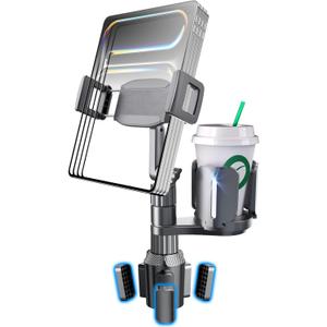 eSamcore Tablet Holder for Car Cup Holder Mount, 14" Height Adjustable iPad Holder for Truck, Cupholder Tablet Stand with Extra Drink Holder, Fits iPad Pro Air Mini, iPhone 17 16 Pro Max, Galaxy Tab