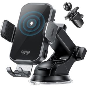 CHGeek Wireless Car Charger Phone Holder Mount, 15W Fast Charging Auto Clamping Phone Holders for Your Car Dashboard Windshield Air Vent Car Accessories for iPhone, Samsung Galaxy, Google Pixel etc (Black)