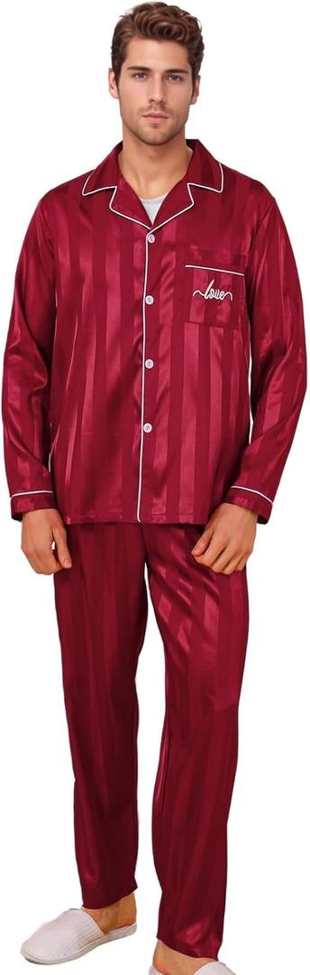 ShuiGod-Mens Silky Satin Pajamas Set Long Sleeve Top and Long pants Nightwear Button-Down Pj Sets Sleepwear (4X-Large, Stripe Red)