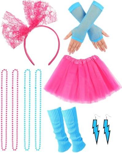 Tatuo 80s Fancy Women Tutu Skirt Accessories Costume Party Outfit Leg Warmers Headband Gloves Earrings Necklace