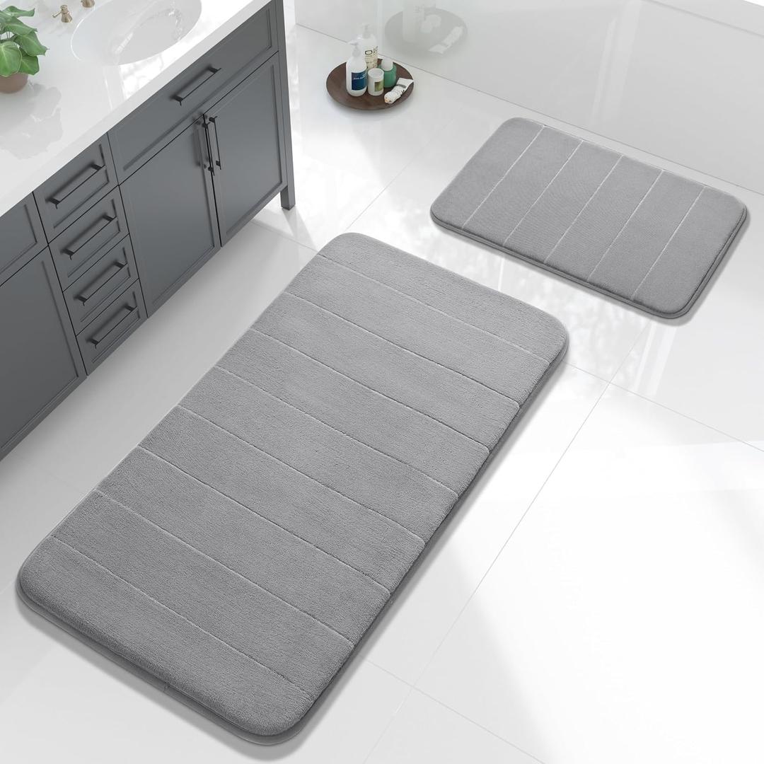 Yimobra Large Bath Mat Set 2 Piece- Super Soft Absorbent Quick Dry Memory Foam Bathroom Rugs, Machine Washable Non Slip Floor Carpet for Tub Shower & Double Vanity (17x24 & 44x24, Gray), 44x24+24x17 Inch