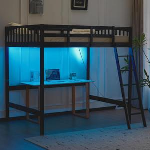VINGLI Loft Bed Twin Size with USB Charging Station/LED, Solid Wood Single Loft Bunk Bed with Flat Rungs for Kids/Teens/Adults, 15 inches High Guardrail,Wood Slat Support No Box Spring Needed, Black
