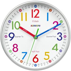 AIRUIFU Wall Clock for Kids Learning Tell Time Easily Non-Ticking Battery Operated Kids Teaching Time Clock- Analog Colorful Clock Decorative for Kids Room Classroom School(8 Inch)