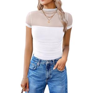 Avidlove Women's Short Sleeve Bodysuit Turtle Neck Body Suits Mesh One Piece Leotard Going Out Tops Date Outfits (White, Small)