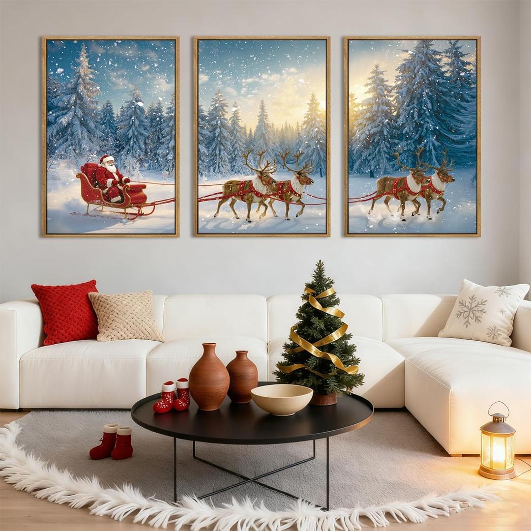 Framed Christmas Wall Art Santa Claus Wall Art Santa Winter Artwork for Living Room Bedroom Dining Room 24x36 Inch Set of 3 for Living Room Bedroom Dining Room