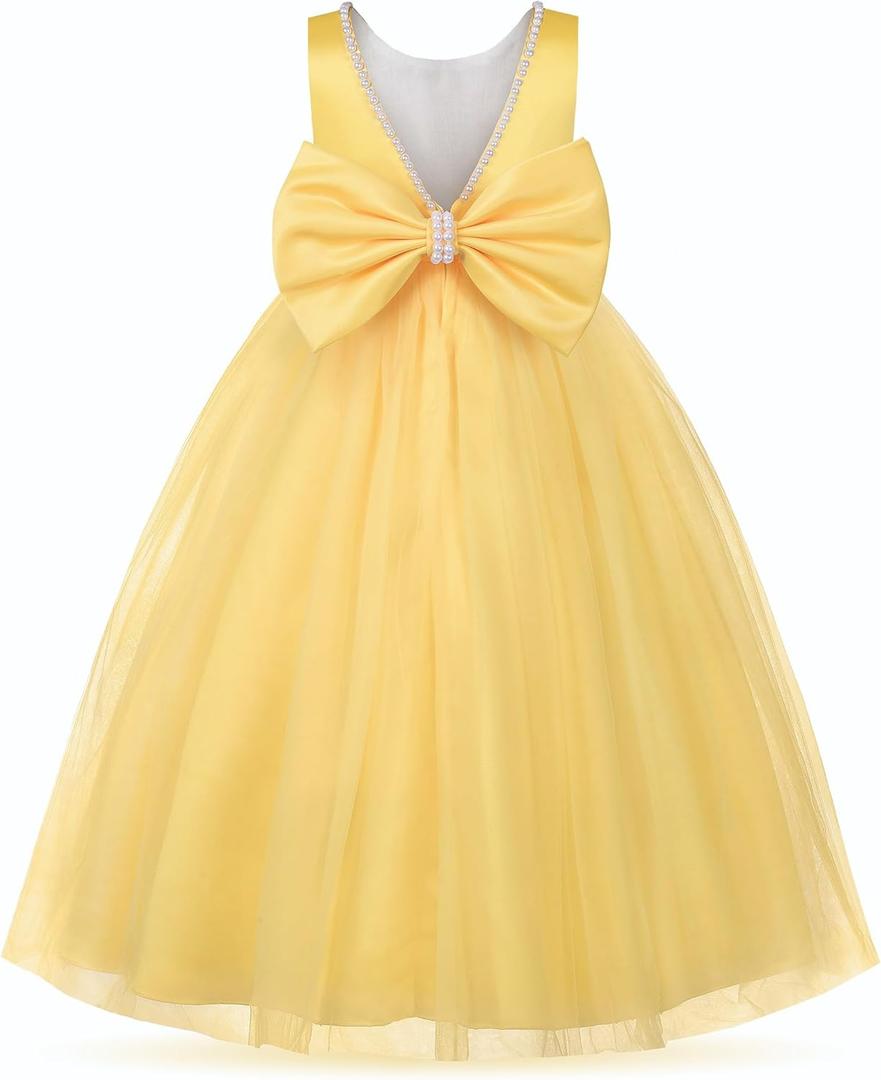 Uhnice Flower Girl Pearls Dress V-Back Tulle Ball Gown Satin Prom with Bow-Knot for Wedding Pageant Birthday Party (9-10 Years, Yellow)