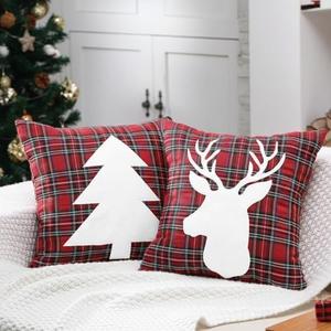 Tudomro 2 Pcs Christmas Tartan Plaid Pillow Covers Embroidered Xmas Tree Reindeer Pillowcase Farmhouse Christmas Decor Tartan Cushion Cover for Home Living Room Couch Sofa, 18x18 Inch(Red), Pack of 2