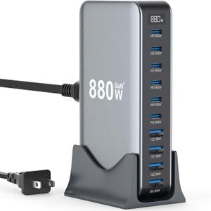 880W USB C Fast Charger Block, 10 Port USB Charging Station, GaN Pro 140W PD PPS Port for Multiple Devices,Laptop Wall Charger Compatible with DELL, HP, MacBook Pro,iPhone17/16 pro,Galaxy S24.