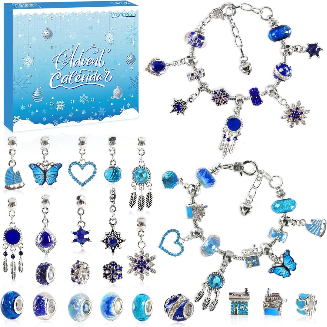 OuMuaMua 24 Days Christmas Advent Calendar 2025, Charm Bracelet Making Kit, Blue Charm Beads, Countdown Calendar DIY Jewelry Making Kit for Adults Women Teens Girls Kids Xmas Holiday Birthday Gifts