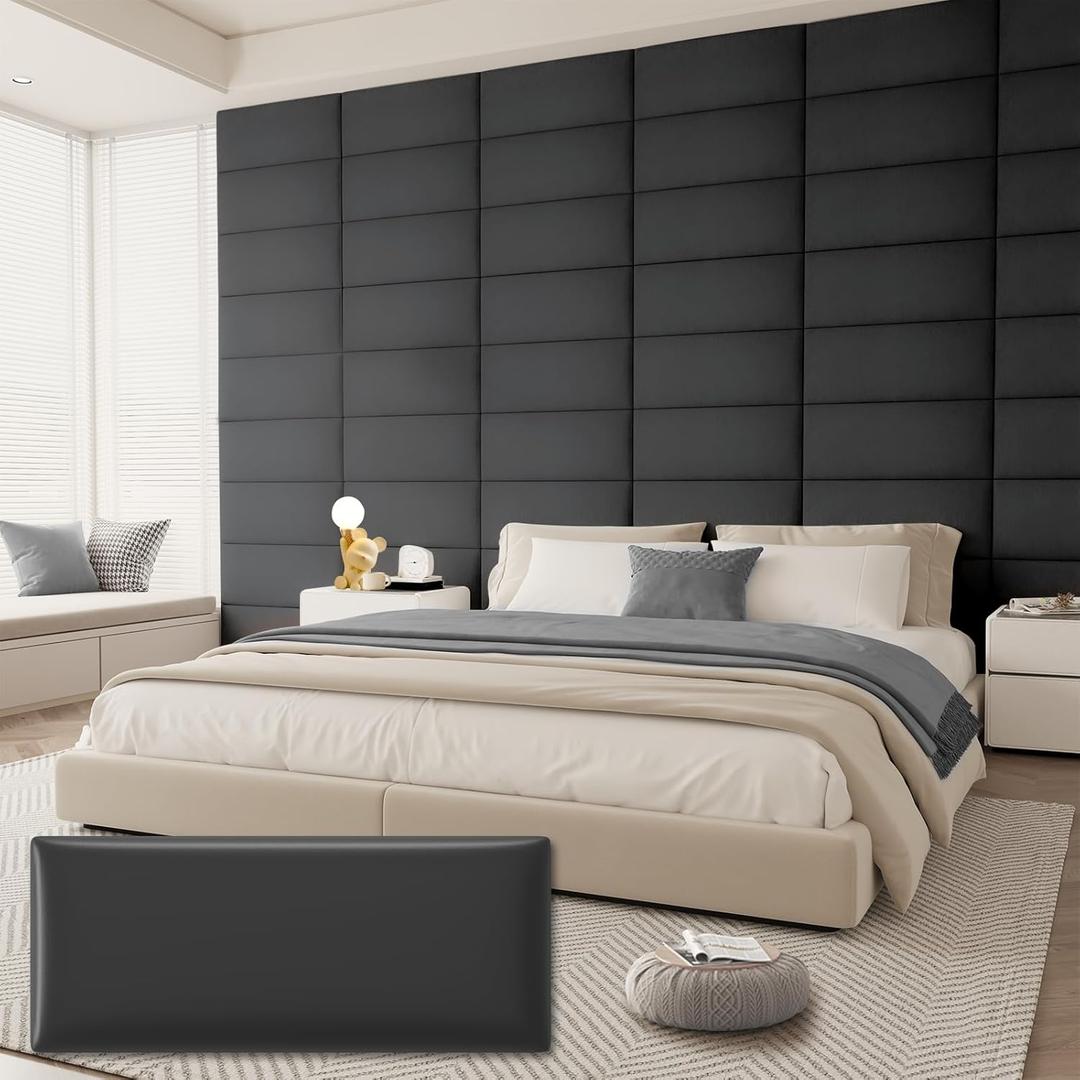 Upholstered Headboard for Queen Size Bed, Wall Mounted & Peel and Stick Headboard, Soundproof DIY Wall Panels, Leather Head Board in Modern Design for Bedroom (9 Panels, Each 23.62"x9.84" (Black-leather)