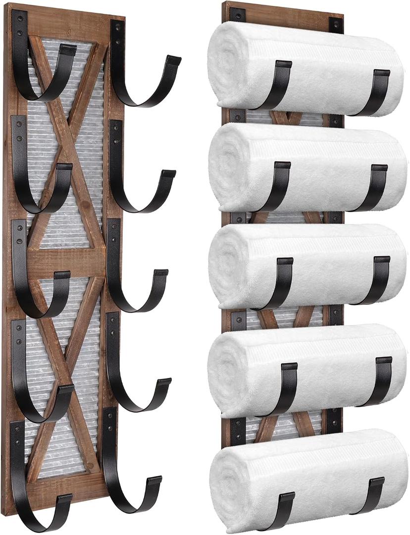 Autumn Alley Farmhouse Towel Holder, Rustic Wine Rack, Rolled Towel Rack, and Wine Holder for Farmhouse Bathroom Accessories Dcor, Western Decor Wall Mounted Towel Rack, Rustic Brown, 8 inches x 5 inches x 30 inches