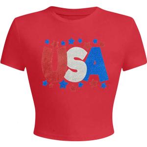4th of July Shirts Crop Top Women Glitter USA Crop Top American Flag Shirt USA Stars Graphic Tshirt American Patriotic Tops, XL, Red