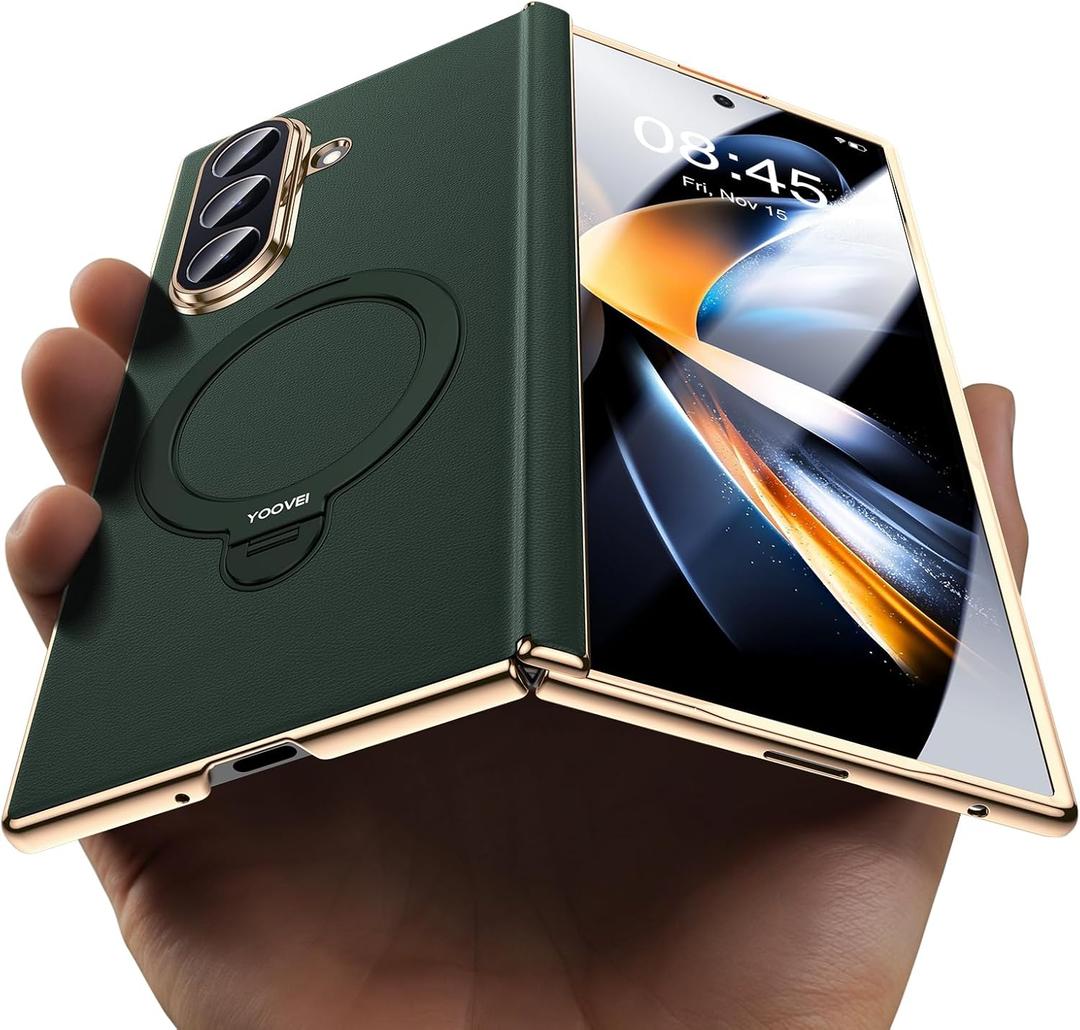 Magnetic for Samsung Galaxy Z Fold 7 Case Luxury Leather [Hinge Protection] Built-in [Screen Protector] [Fit for MagSafe] Zfold 7 Case with Kickstand & Ring Holder,Green