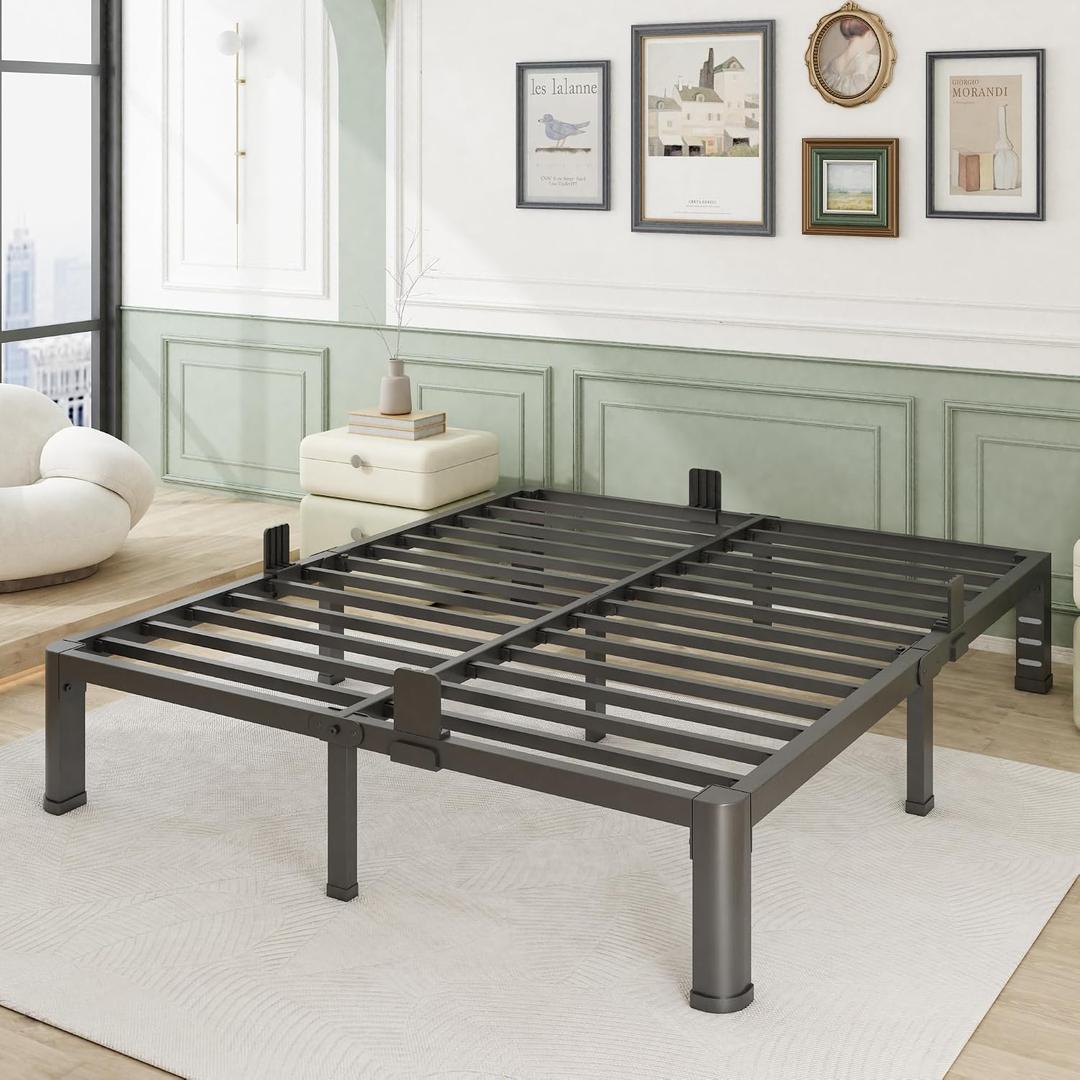 10 inch Queen Size Metal Bed Frame with Round Corner Legs,Headboard Holes,Heavy Duty Steel Slat Support Platform Queen Bed, Mattress Retainer, No Box Spring Needed, Easy Assembly, Squeak Resistant