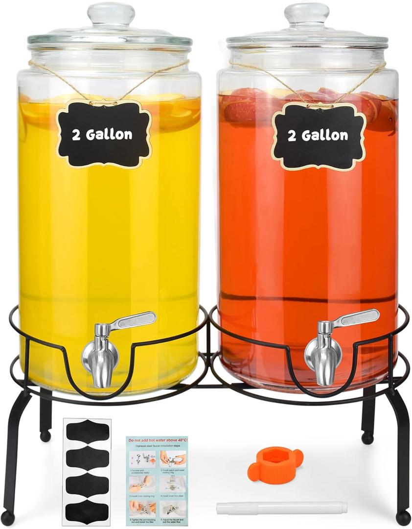 2 Gallon Beverage Dispenser 2 Pack, Stainless Steel Spigot Drink Dispenser for Parties with Stand, Clear Glass Drink Container Easy to Refill and Clean