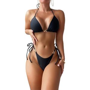 Cheeky Triangle Bikini Sets for Women Sexy String Bathing Suit 2 Piece (Black, S)