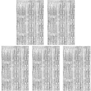 5 Pack Silver Foil Curtain Backdrop Metallic Tinsel Foil Fringe Curtains Photo Booth Props for Birthday Wedding Engagement Bachelorette Christmas Holiday Celebration Party Decorations Supplies