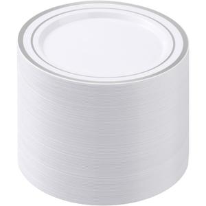 100PCS White Plastic Plates for Party, 7 Inch Heavy Duty Dinner Plates with Silver Rim, Disposable Plates for Wedding and Birthday (White Silver)