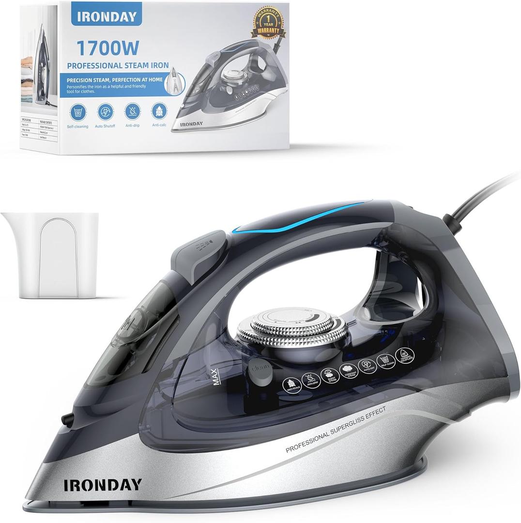 IRONDAY 1700W Steam Iron for Clothes 20s Fast Heat-up, Iron with 10.14oz Water Tank, Non-Stick Ceramic Soleplate, Auto-Off, Spray Mist & Steam Burst, Ironing Clothes for Home Grey