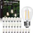 25Pack 2W S14 LED Glass Bulbs for Outdoor String Lights Replacement, E26 Medium Screw Base, 2700K Warm White LED Edison Light Bulb, 2 Watt to Replace 11w/20w/25w s14 Incandescent Bulbs